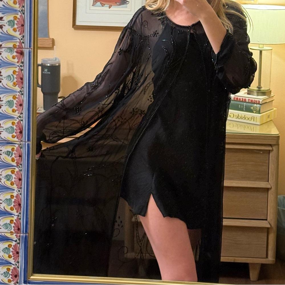 Vintage Scala Black Sheer Beaded Jacket Robe